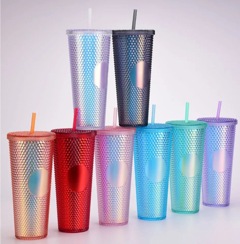 Double Studded Plastic Straw Cup Large Capacity Creative 710ml Durian Cup Portable Diamond Cup - Bellarte Enchanté Double Studded Plastic Straw Cup Large Capacity Creative 710ml Durian Cup Portable Diamond Cup